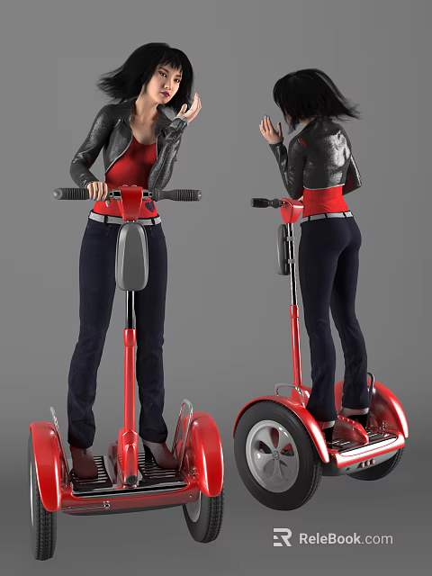 Woman Riding Red Self Balancing Scooter In Black Leather Jacket And Red Top 3d model 