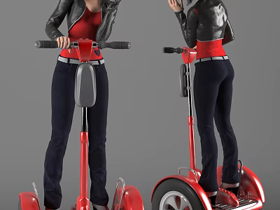 Woman Riding Red Self Balancing Scooter In Black Leather Jacket And Red Top 3d model