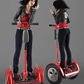 Woman Riding Red Self Balancing Scooter In Black Leather Jacket And Red Top