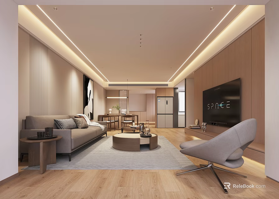 Modern Living and Dining Room Interior Design With Sofa Coffee Table TV And Dining Chairs 3d model 