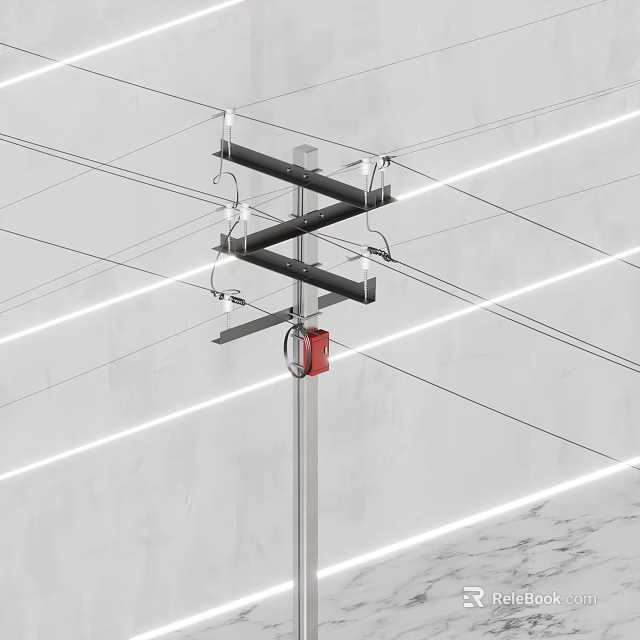 Road Facilities With Utility Pole Overhead Power Lines And Red Device 3d model 