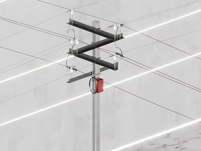 Road Facilities With Utility Pole Overhead Power Lines And Red Device 3d model