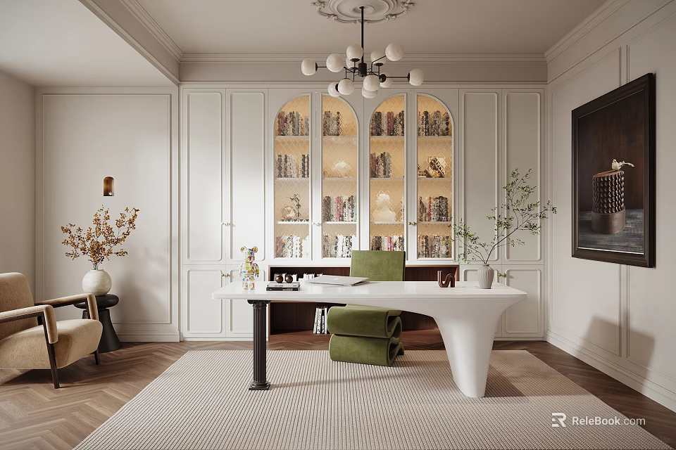 Elegant Modern Study Room With Built In Bookcase And Unique Desk 3d model