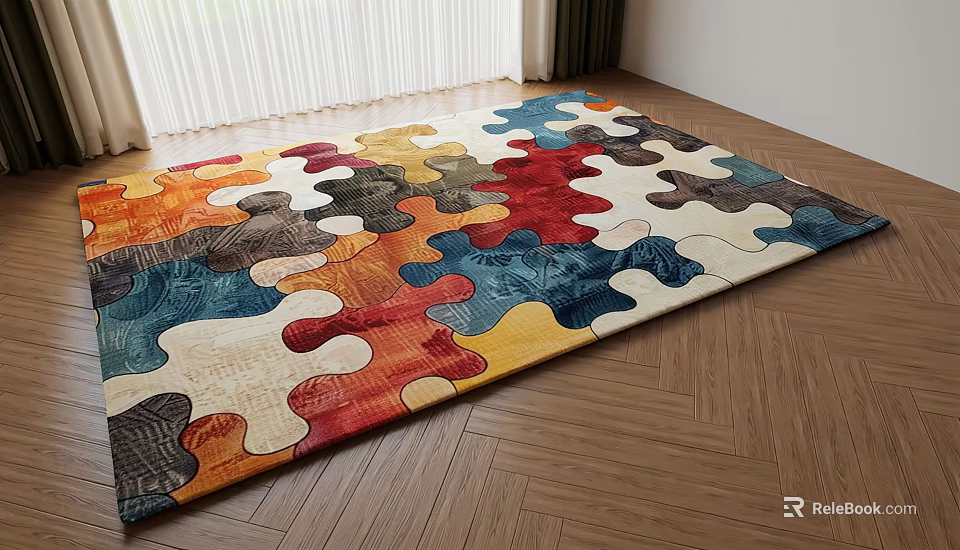 Colorful Square Rug With Puzzle Shaped Pattern On Wooden Floor 3d model 