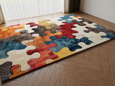 Colorful Square Rug With Puzzle Shaped Pattern On Wooden Floor 3d model
