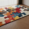 Colorful Square Rug With Puzzle Shaped Pattern On Wooden Floor