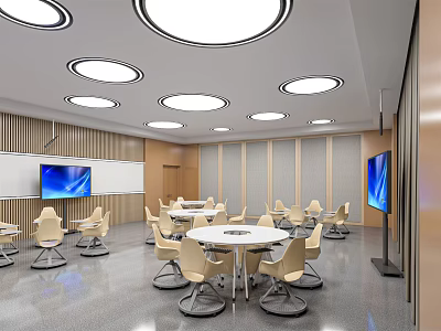 Modern School Learning Space with Round Tables Yellow Chairs Circular Ceiling Lights and Large Screens 3d model