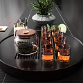 Elegant Glass Tea Set with Teapot Teacups Amber Liquid on Wooden Tray Mint and Lemon