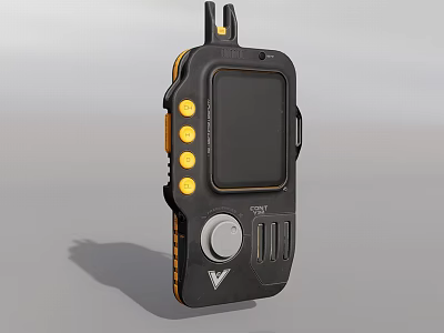 Tactical Military Weapon Device With Black Body Yellow Buttons Screen Antenna And V Logo 3d model