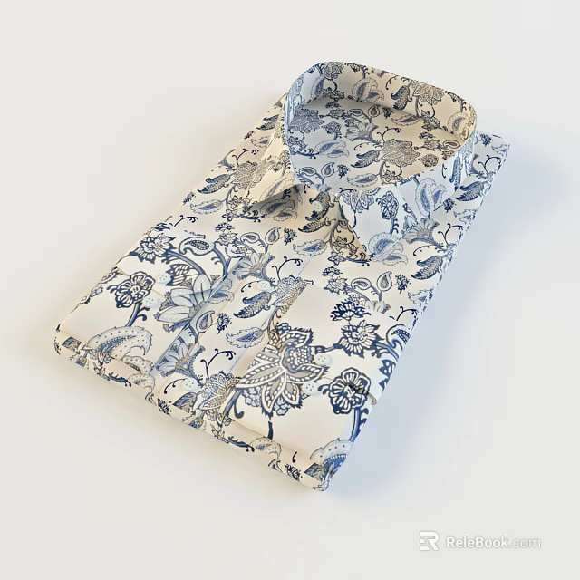 Blue And White Floral Bird Print Cotton Shirt With Elegant Design 3d model 