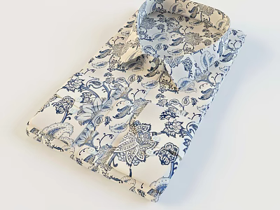 Blue And White Floral Bird Print Cotton Shirt With Elegant Design 3d model