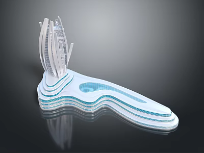Future Architecture Design With Streamlined Tall Towers And Wavy Water Pool Base 3d model