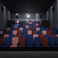 Modern Cinema Interior With Blue Tiered Seats Projection Screen And Ambient Lighting