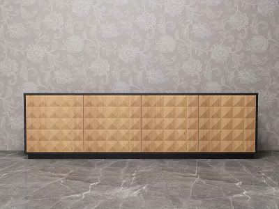 Wooden TV Stand With Diamond Pattern Surface Against Floral Wallpaper And Marble Floor 3d model