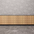 Wooden TV Stand With Diamond Pattern Surface Against Floral Wallpaper And Marble Floor