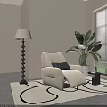 Modern Beige Armchair With Dark Cushion Black Floor Lamp And Large Green Plant