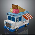 Blue And White Ice Cream Truck With Red White Striped Awning And Waffles On Top