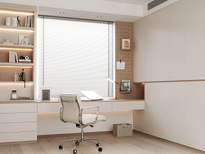 Luxury Modern Study Room Interior With Large Window Wooden Desk Chair And White Bookshelf Cabinets 3d model