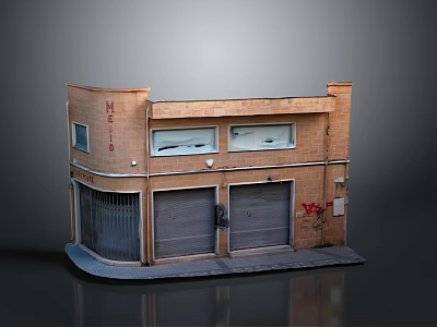 Two Story Brick Red Building With Roll Up Doors Windows And Red Graffiti 3d model