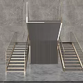 Minimalist Modern Double Flight Stairs With Metal Handrails And Wooden Treads Against Gray Wall