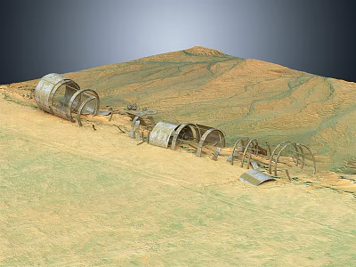 Sandy Terrain Featuring Metal Tunnels And Damaged Circular Structures 3d model