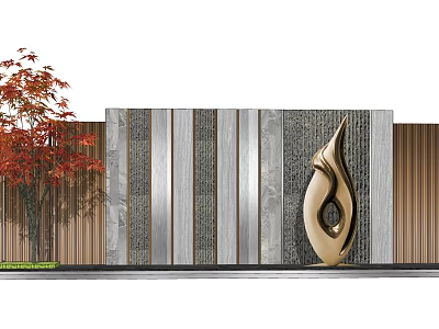 Modern Feature Wall With Stone And Metal Strips Red Maple Tree And Golden Sculpture 3d model