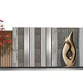 Modern Feature Wall With Stone And Metal Strips Red Maple Tree And Golden Sculpture