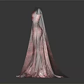 Red And Gray Evening Gown With Sequined Design Trailing Train And Glowing Details 3d model