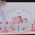 Women's Day Decorative Setup With Heart Shaped Crown Rose Cosmetic Models And Pink Balloons