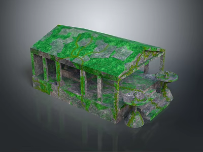 Moss Covered Stone Pavilion Structure With Columns Sloped Roof And Platform 3d model