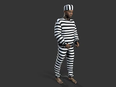 A Man In Black And White Striped Prison Uniform With Shackled Feet On Gray Background 3d model