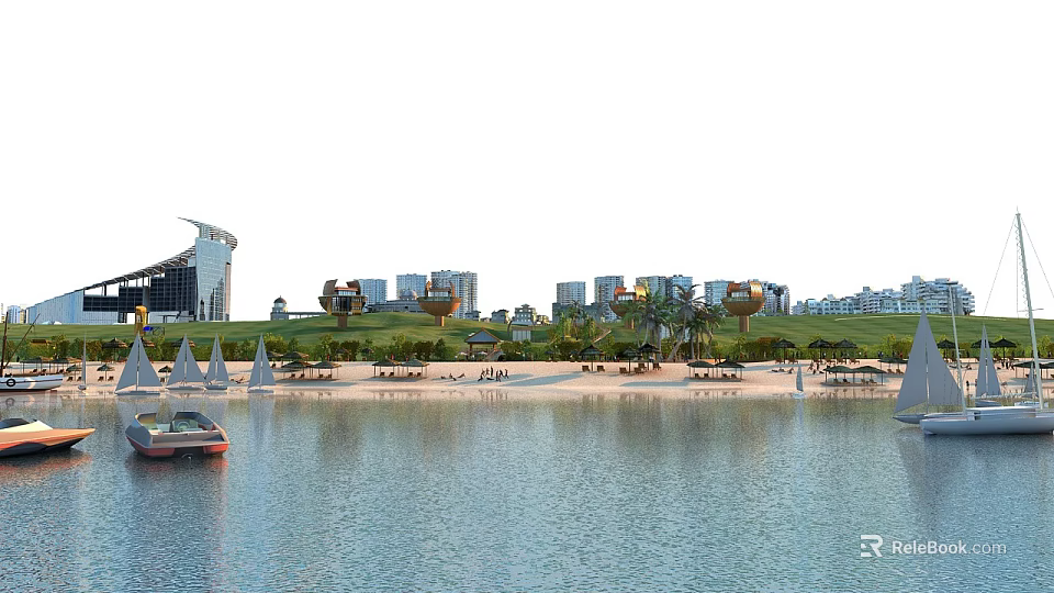 Stunning Coastal Scenery With Sandy Beach Sailboats Green Park And Modern Buildings 3d model 