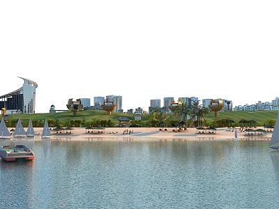 Stunning Coastal Scenery With Sandy Beach Sailboats Green Park And Modern Buildings 3d model