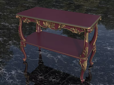 Burgundy Entryway Console Table With Gold Carvings Curved Legs And Lower Shelf 3d model