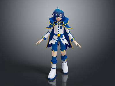 Game Anime Character with Blue Hair Blue and White Outfit Yellow Accents and White Boots 3d model