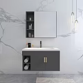 Modern Wall Mounted Bathroom Cabinet With Rectangular Mirror Sink Faucet And Marble Texture Wall Design 3d model