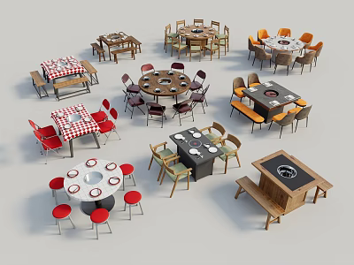 Various Stylish Dining Table Sets With Colored Chairs Checkered Tablecloths And Wooden Frames 3d model