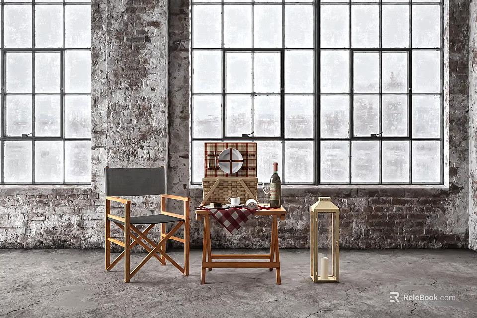 Accent Chair in Industrial Room with Brick Wall Large Windows Small Wooden Table and Lantern 3d model 