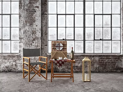 Accent Chair in Industrial Room with Brick Wall Large Windows Small Wooden Table and Lantern 3d model