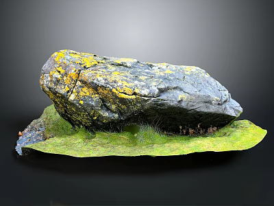 Natural Rock Formation With Yellow Moss On Green Grass Surface Surrounded By Small Plants 3d model
