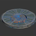 Futuristic Landscape Featuring Circular Platform With Blue Green Panels And Reflective Surface