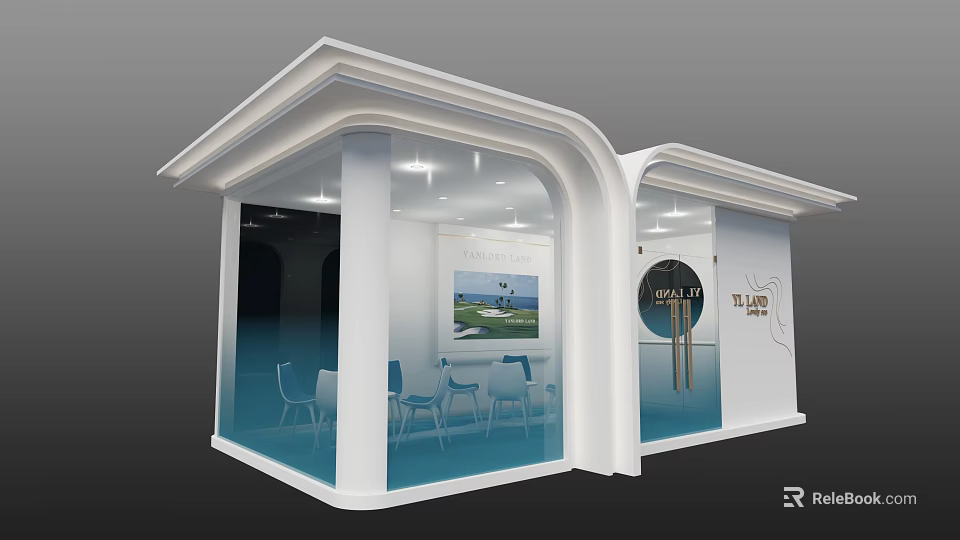 Modern Exhibition Booth With White Exterior Glass Walls Interior Tables Chairs And Decor 3d model 