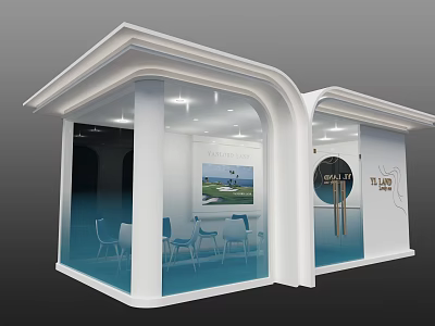 Modern Exhibition Booth With White Exterior Glass Walls Interior Tables Chairs And Decor 3d model