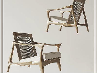 Elegant Leisure Chairs with Wooden Frame Woven Backrest and Light Colored Cushions 3d model