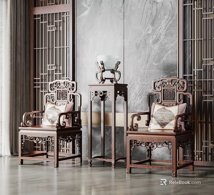 Traditional Chinese Wooden Table Chair Set With Carved Patterns And Screen Backdrop 3d model 