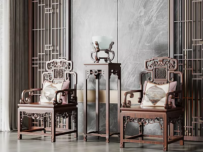 Traditional Chinese Wooden Table Chair Set With Carved Patterns And Screen Backdrop 3d model