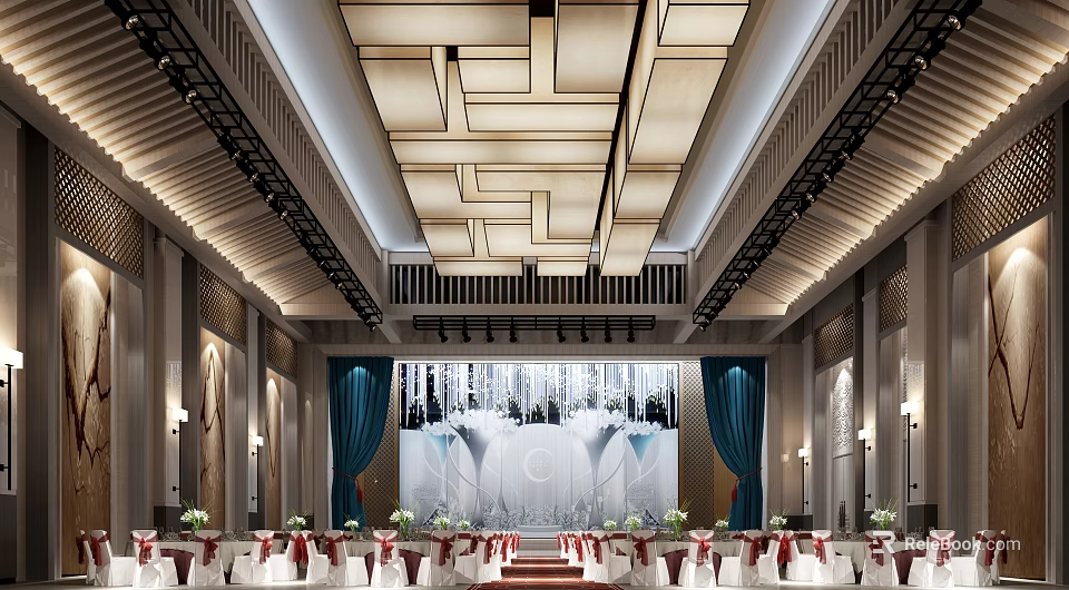 Elegant Banquet Hall Interior With Wooden Grid Ceiling Blue Curtains And Red Seats 3d model 