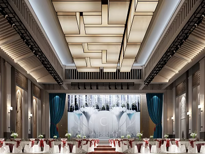 Elegant Banquet Hall Interior With Wooden Grid Ceiling Blue Curtains And Red Seats 3d model