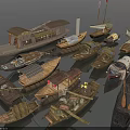 Various Types of Traditional Wooden Boats Floating on Calm Water with Unique Designs