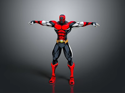 Superhero Character In Red Black Costume With Muscular Build And Extended Arms 3d model